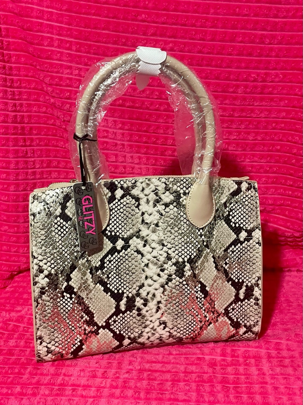 Glitz Snake-Print Satchel in Black & Cream